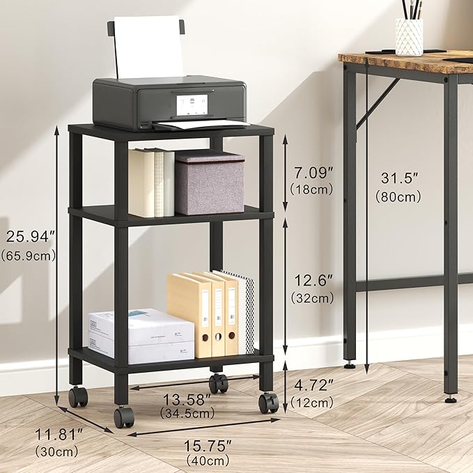 3-Tier Printer Stand with Storage, Mobile Printer Cart with Rolling Casters and Adjustable Feet, Under Desk Storage Shelf for Home Office, Black, 15.7" x 11.8" x 25.9"