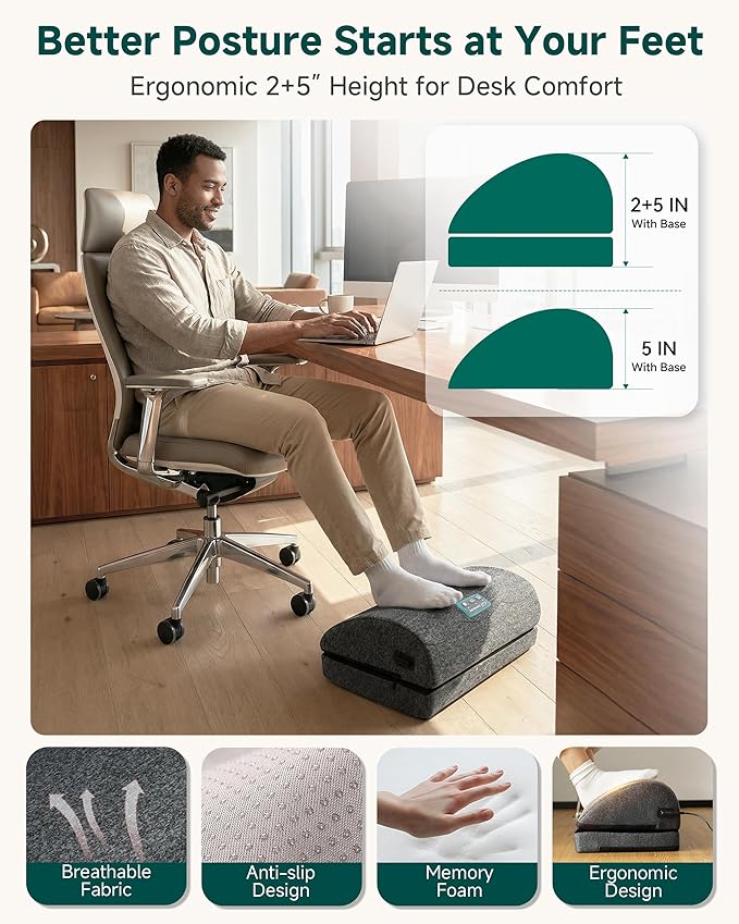 Heated Foot Rest for Under Desk at Work, Foot Stool with Vibration Massage, 3 Heat Levels, Ergonomic Memory Foam Feet Warmer Heater