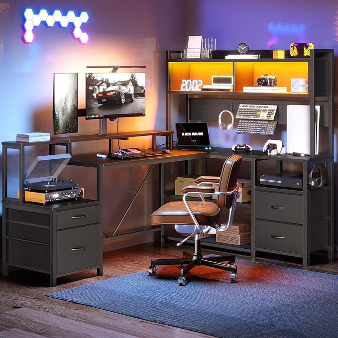 RALGEND 75inch L Shaped Computer Desk with Drawers, Large Gaming Desk with LED Light & Power Outlets, Corner Computer Desk with Storage Shelves & Monitor Stand for Home Office, Black