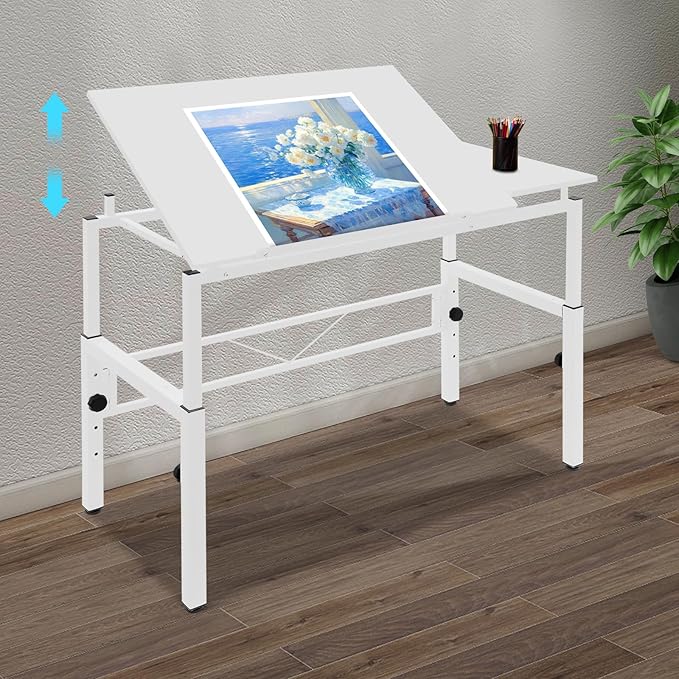 Drafting Table Adjustable for Artists, Art Drawing Desk with Two Lift Mechanisms, 39.37in Adjustment Painting Blueprint Table 0-30 ° Tiltable Tabletop Drawing Desk