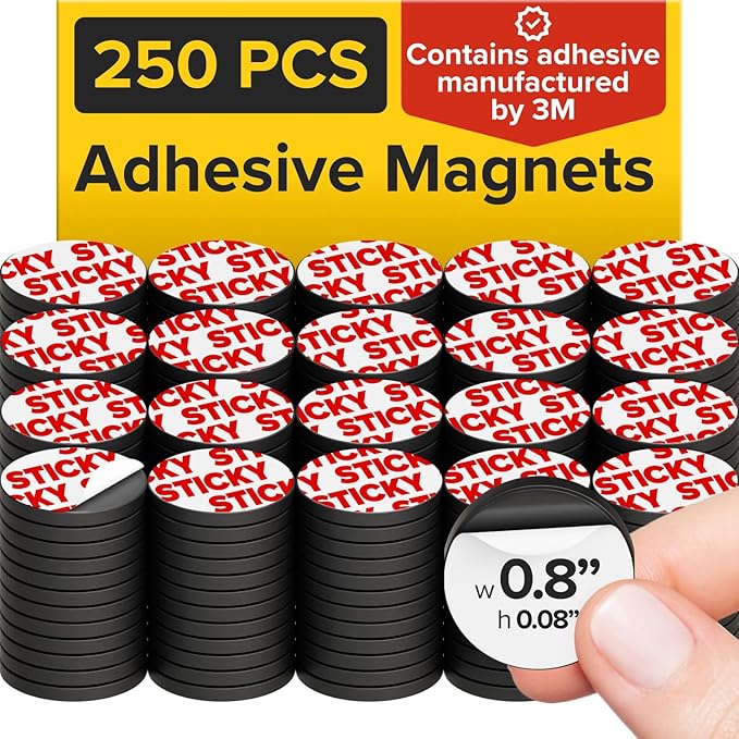 Peel-&-Stick Flexible Adhesive Magnets – 250 pcs (0.8"x0.08") Magnetic Dots for Office Supplies, Whiteboard, Crafts, Fridge, & School Projects