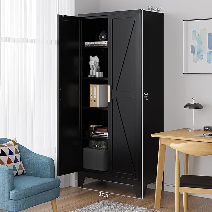 Washsemba 71'' Farmhouse Metal Storage Cabinet with Barn Doors,Steel File Cabinet for Home Office,Kitchen Pantry 4 Adjustable Shelves,Freestanding Cupboard for Kitchen,Home Office (Black)