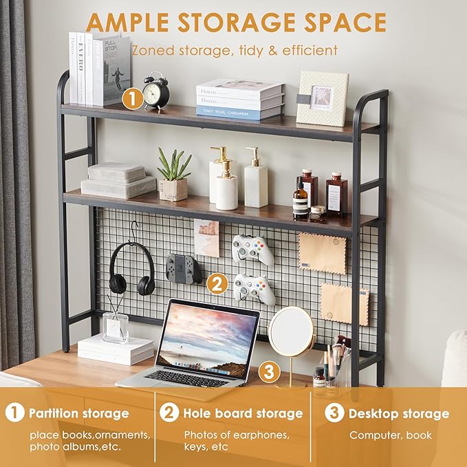 Desktop Hutch Shelf Organizer, 2-Tier Metal & MDF Desk Bookshelf with Grid Panel and Hooks for Office & Dorm (Rustic Brown, 45.3")