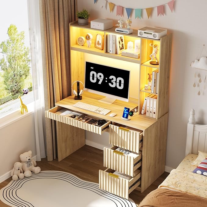 Lvifur LED Study Desk - with Hutch & Storage Cabinet,Home Office Desk with Outlet and 3 Color LED and Card-Based Lock,Writing Desk Computer Desks for Studyroom,Ideal for Office Set,Natural