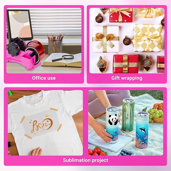THINKLEARN Heat Tape Dispenser - Sublimation Heat Transfer Tape Dispenser with Scissors and Utility Knife, 1 '' & 3'' Core, Multi-Roll Pre-Cut Tape Dispenser for Crafting, PreCut 1.4'' Pieces, Pink