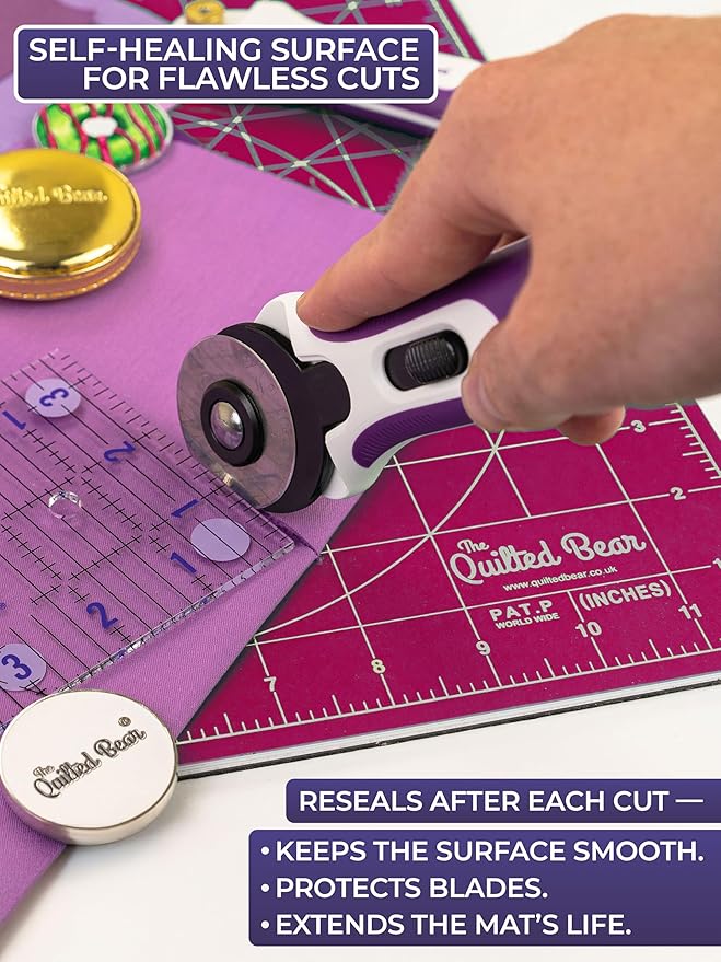 The Quilted Bear Rotating Cutting Mat 18" x 18" - Square 360° Rotating Self Healing Mat with Innovative Locking Mechanism for Quilting & Sewing Your Choice of Colours Available! (Pink)