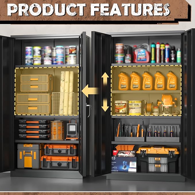 INTERGREAT Metal Storage Cabinet, 72” H Storage Cabinet with Doors and Adjustable Shelves for Office, Home, Garage, Pantry (Assembly Required, Black)