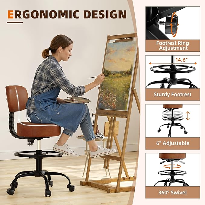 Drafting Chair with Back, Adjustable Foot Rest Rolling Stool (1,Brown)
