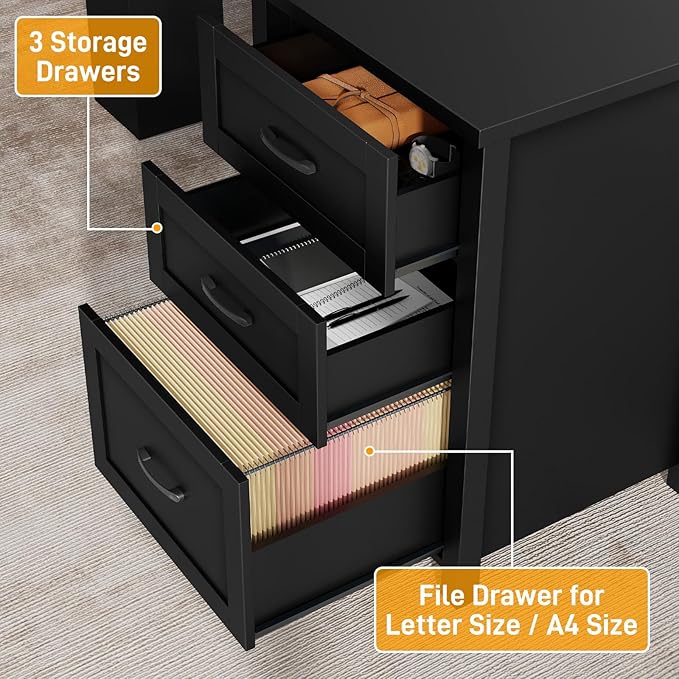 Vabches Farmhouse 68" H L Shaped Desk with Hutch,Office Table with 3 Drawers and Sliding Doors, Executive Desk with File Drawers and Charging Station, Wood Workstation for Home Office and Study