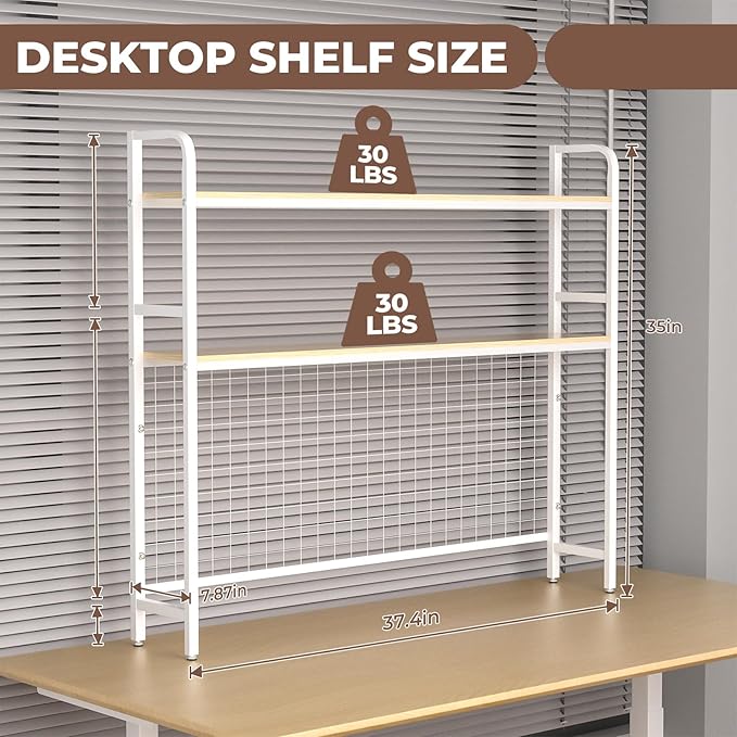 GCCSJ Bookshelf for Desk，2-Tier Desktop Bookshelf Organizer，Multifunctional Desktop Bookcase with Metal Frame & Wood Shelves，Perfect for Organizing Books, Magazines, Office Supplies - White