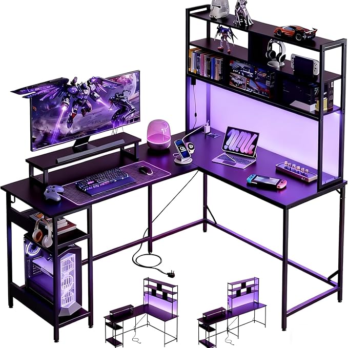 DEVAISE L Shaped Gaming Desk with Hutch, Reversible Computer Desk with LED Light, 3-Tier Shelves, 2 AC+2 USB Outlet and Monitor Stand, Corner Desk with Storage for Home Office (Black, 60 Inch)
