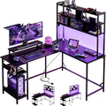 DEVAISE L Shaped Gaming Desk with Hutch, Reversible Computer Desk with LED Light, 3-Tier Shelves, 2 AC+2 USB Outlet and Monitor Stand, Corner Desk with Storage for Home Office (Black, 60 Inch)