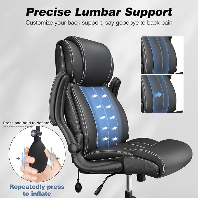 BESTFAIR Ergonomic Office Chair - Desk Computer Chair, Leather High Back Executive Chairs with Adjustable Lumbar Support & Flip Up Arms, Black 8 Pack