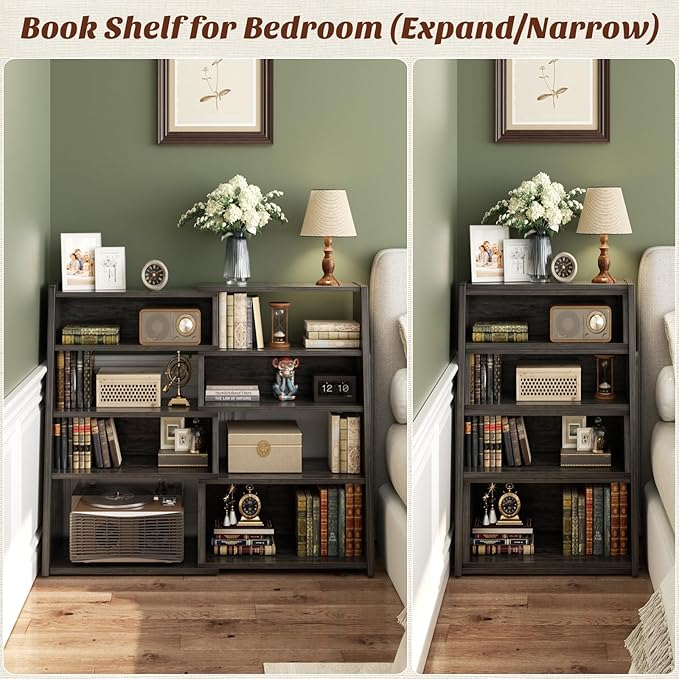Armocity Expandable Bookshelf, Short Corner Bookshelf for Small Spaces, Small Ladder Book Shelf, Extendable Wood Narrow Bookcase for Living Room, Bedroom, 5 Tier, Grey Oak