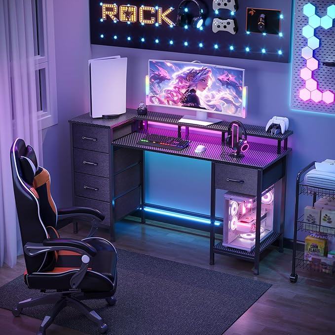 Korfile 55 Inch Gaming Desk with Power Outlets and LED Lights, Reversible Computer Desk with 5 Fabric Storage Drawers, Home Office Desk with Monitor Stand for Working Writing Study, Carbon Fiber Black