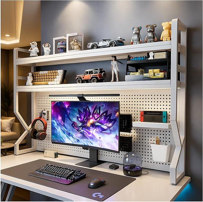 Desktop Hutch Bookshelf,Many Gifts,Metal Desktop Bookcase with pegboard, Desk Shelf, Countertop Storage Organizer Rack for Dorm or Office,Desktop Shelves (White, 53.1" Lx9.9 Wx39 H)