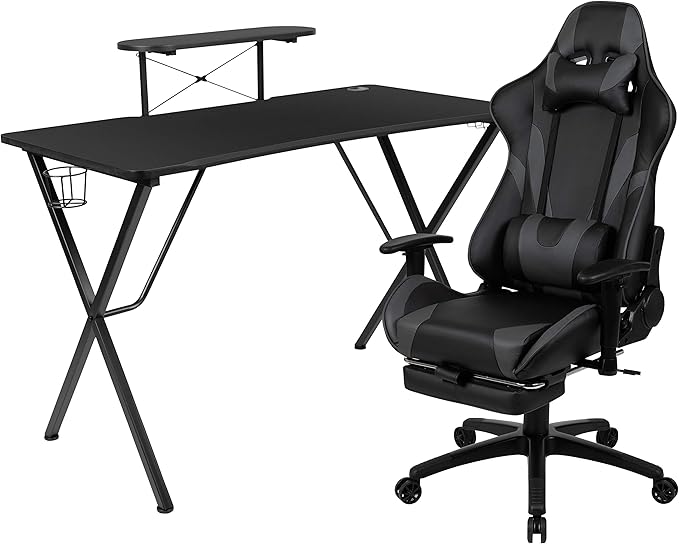 Flash Furniture Optis Black Gaming Desk with Cup Holder/Headphone Hook and Monitor/Smartphone Stand & Gray Reclining Gaming Chair with Footrest