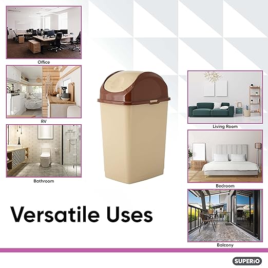 Superio Medium Trash Can with Lid 4.5 Gallon Plastic Swing Top Garbage Can Slim Waste Bin for Under Sink/Cabinet, Laundry Room, Kitchen, Office, Bedroom, Bathroom, College Dorm, 18 Qt, Beige