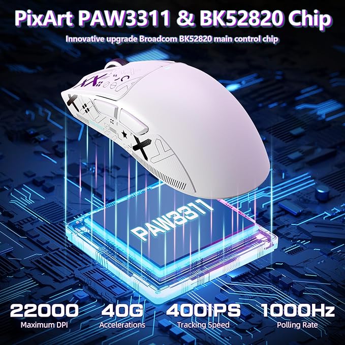 MAMBASNAKE Attack Shark X11SE Lightweight Wireless Gaming Mouse, Tri-Mode 2.4G/USB-C Wired/BT, 22K DPI, PAW3311 Optical Sensor, 59g, 5 Programmable Buttons, 300mAh Battery for PC/Mac((White-Griptape)