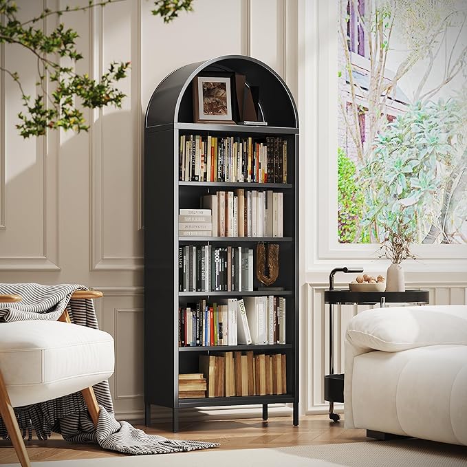 VEXPOR 73" Tall Arched Bookcase Cabinet, 6-Tiers Metal Black Arched Bookshelf for Home Office, Living Room, Assembly Required,13.78" D x 27.56" W x 72.83" H