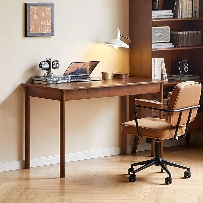 100% Solid Wood Desk, Home Office Writing Desk, Mid Century Modern Computer Desk with Drawers for Study Living Room 55" W