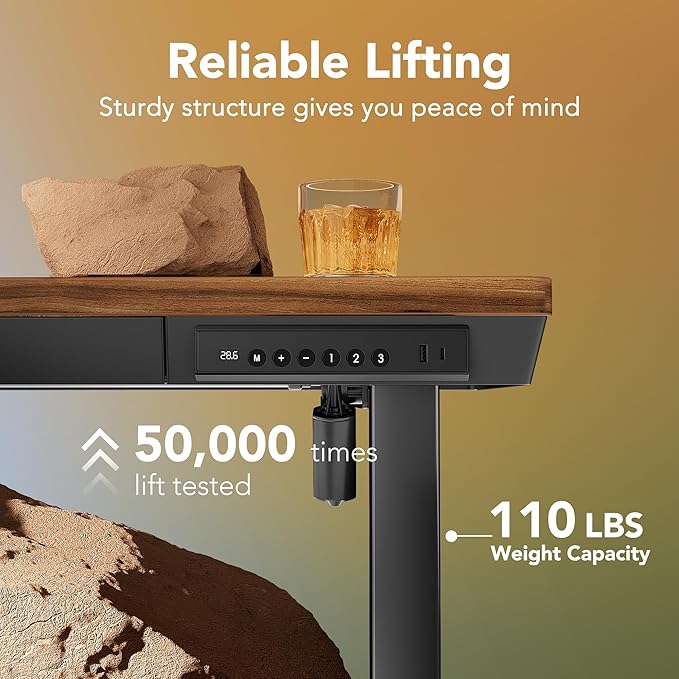HUANUO Electric Standing Desk with Drawers, 48 x 24 Inch Electric Adjustable Height Desk, Quick Install One-Piece Tabletop with USB Charging Ports, Sit to Stand Up Desk for Home Office, Black Walnut