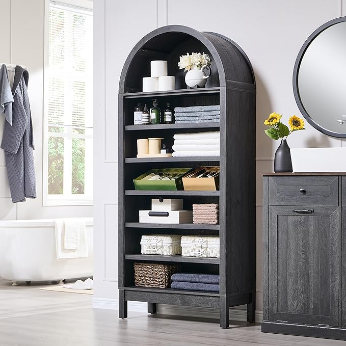 IFGET 71" Tall Arched Bookshelf, 7 Tiers Arch Bookcase with Storage, Modern Farmhouse Book Shelf with Adjustable Shelves, Wood Bookshelf w/Open Display Shelves for Living Room, Office (Dark Grey)