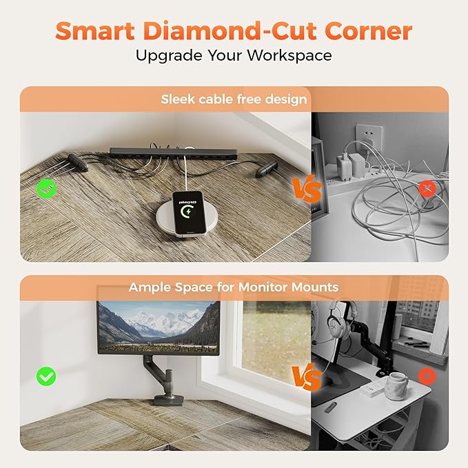 Mericonia 66 inch Large L Shaped Desk, Simple Corner Gaming Desk with CPU Stand & Hooks, Computer Desk for Home, Bedroom & Office Workspace, Grey
