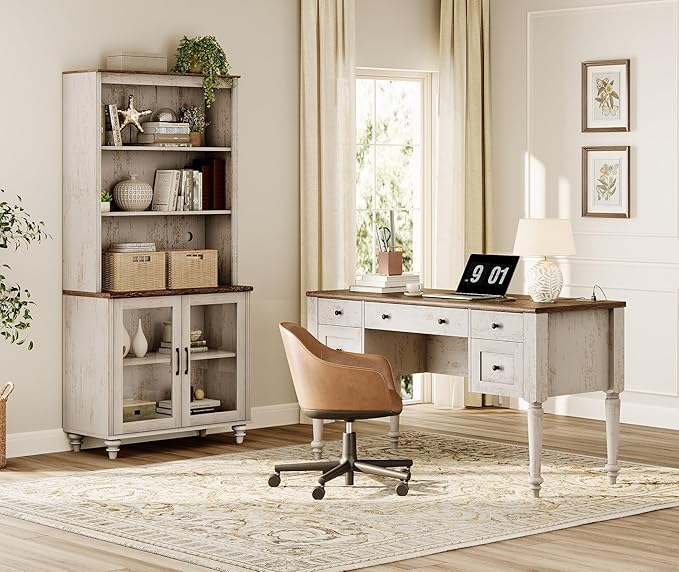 WAMPAT Home Office Furniture Set, 56" Executive Desk with Charging Station, 72" Tall Bookcase with 2 Glass Doors, Wood Computer Desk with File Cabinet Storage, Open Shelf, Rustic White