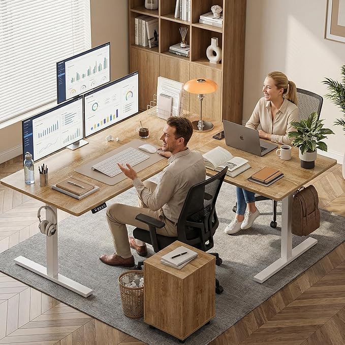 Grandder 75 x 61 Inch L Shaped Standing Desk, Electric Height Adjustable Corner Stand Up Desk, Sit Stand Corner Table Home Office Table, Oak Top White Frame