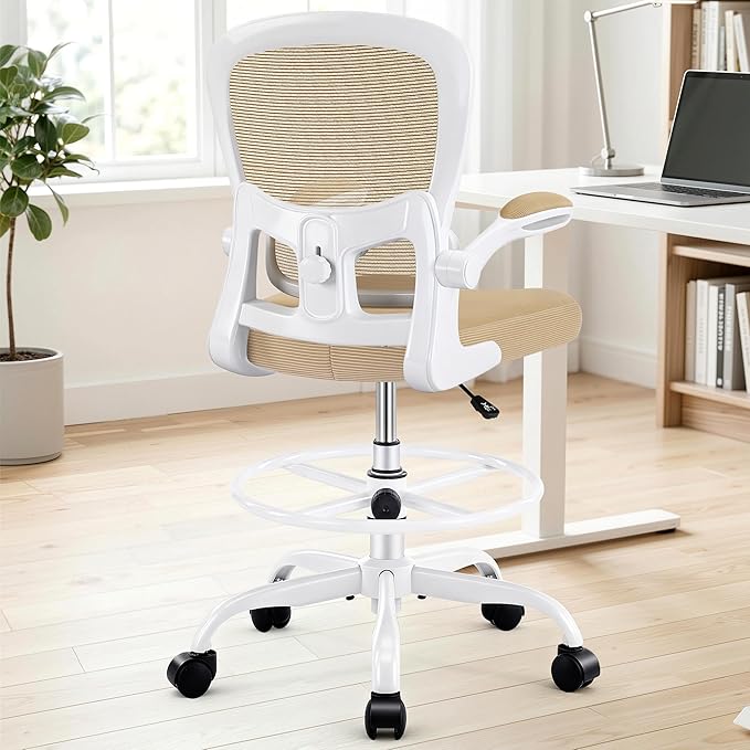 AreShark Drafting Office Chair - Ergonomic Tall Office Chair with Adjustable Footrest Ring - Counter Height Adjustable Rolling Standing Desk Chair with Lumbar Support and Flip-up Armrests for Home