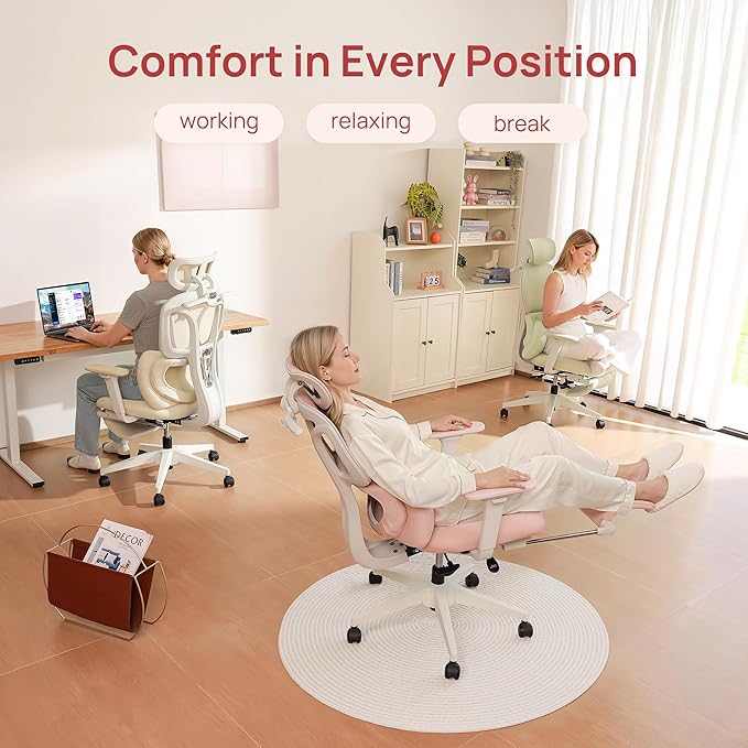 CabLady S1 Petite Ergonomic Home Desk Chair with Footrest and Headrest, High Back Fixed Lumbar Support with Detachable Pillow, Reclining Cute Office Chair for Women & Girls, 300 LBS Capacity