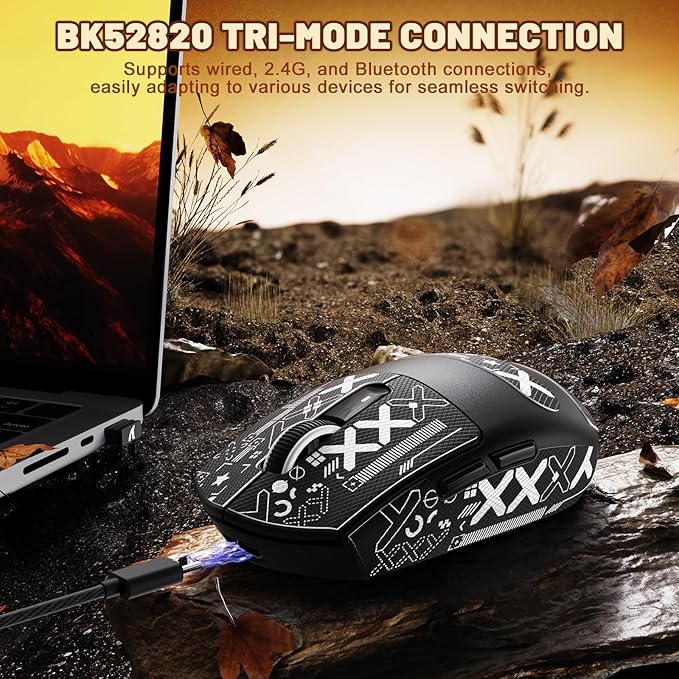 MAMBASNAKE ATTACK SHARK G3 Wireless Gaming Mouse with Tri Mode Wired/2.4Ghz/BT,59g Ultra-Lightweight,25000 DPI,1000 Polling,PixArt PAW3311 Sensor,500mAh Battery,Programmable for PC Win Mac(Black+Tape)