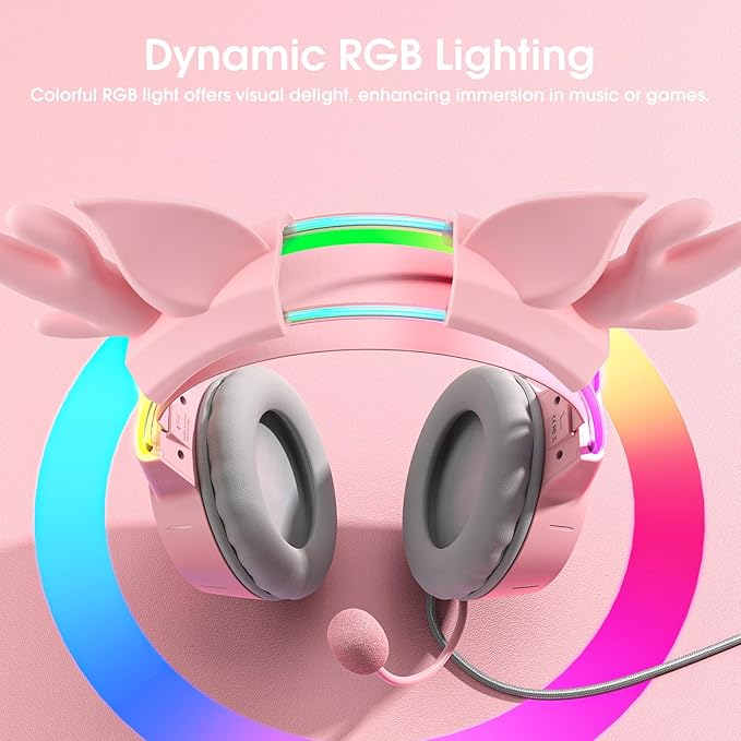 Lightweight Gaming Headset with Detachable Deer Ears, RGB Lighting, Wired Over Ear Headphones with Mic for PC, PS4, PS5, Xbox, Switch, Stereo Surround Sound, Self-Adjusting Headband