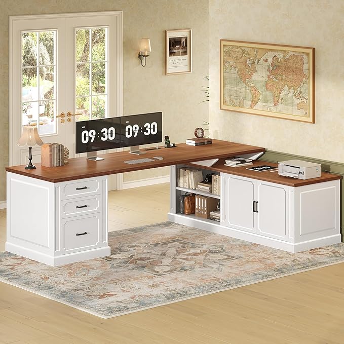 SEDETA Farmhouse L Shaped Desk with Drawers, 70.9" Home Office Desk with Storage Cabinet and Storage Shelves, L Shaped Computer Desk with Power Outlet，White