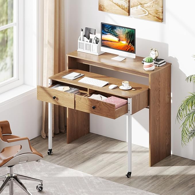 Giantex Small Computer Desk with Hutch & Drawers, Extendable Writing Desk w/Pull Out Secondary Table, Monitor Stand & Rolling Wheels, Console Table, Compact Desk for Small Spaces (Natural)