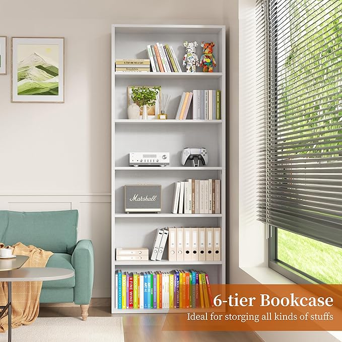 Vongrasig 6-Tier Open Bookcase and Bookshelf, Floor Standing Wood Display Storage Shelves 71 Inch Tall Bookcase Home Decor Furniture for Home Office, Living Room, Bed Room, White