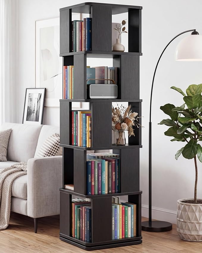 Foxemart 5-Tier Rotating Bookshelf Tower, 360° Spinning Modern Book Storage Bookcase, Stable Display Corner Book Shelf for Kids Room, Living Room, Bedroom, Home Office, Black