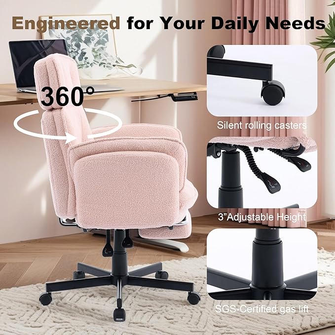 Criss Cross Chair with Wheels, Extra Wide Cross Legged Office Chair with Flip-Up Armrests & Footrest, Ergonomic Teddy Fleece Swivel Desk Chair with Adjustable Headrest for Home Office & Vanity Pink