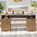 Bestier 59 inch Office Desk with 2 Drawer, Computer Desk with File Cabinet & 2 Open Storage, Modern Fluted Wood Desk for Home Office Bedroom Study, Natual Oak
