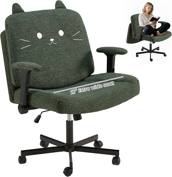HOMREST Criss Cross Chair with Arms and Castors,Plus Size Cross Legged Office Chair with Extra Wide Seat&Flexible Back Cushion,Cute Comfy Desk Chairs for Home Office,Vanity,Reading(Christmas Green)