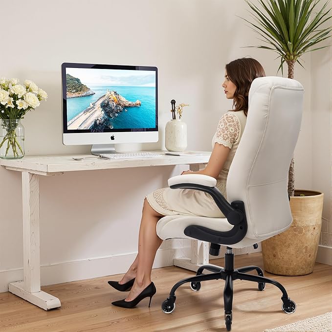 Big and Tall Office Chair for Heavy People, 500LBS High Back Extra Wide Executive PU Leather Office Chair with Flip-Up Armrests, Quiet Rubber Wheels, Comfortable Home Office Desk Chair (White)