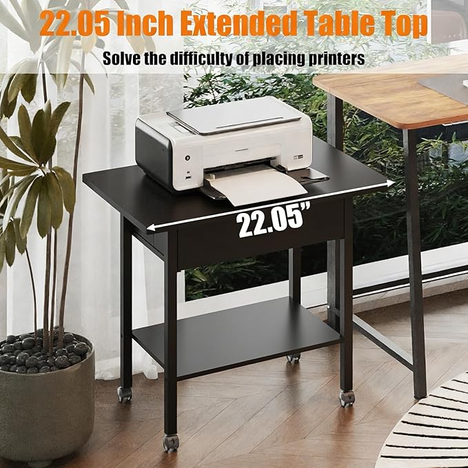 22" x 15" Under Desk Rolling Printer Stand, 2-Tier Industrial Mobile Printer Table with Strong Fabric Drawer, Storage Shelf, Steel Frame and Lockable Wheels, Printer Cart for Home Office (Black)