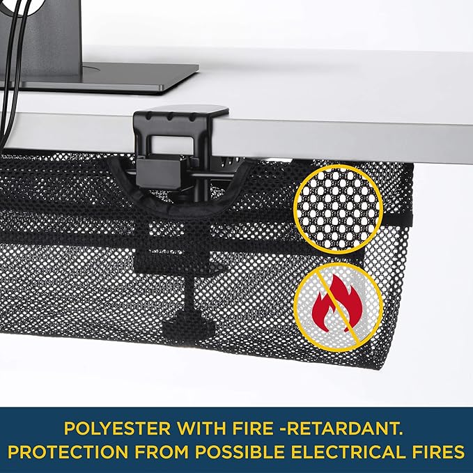 Under Desk Mesh Cable Management – 36 inch Cable Manager Tray for Cord Power Strip -No Drill Cable Management - Safe Wire Management Net for Desks, Office, and Home (Black)