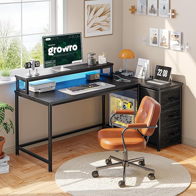 EnHomee Gaming Desk with LED Lights & Power Outlet, 40Inch L Shaped Computer Desk with Drawers, Small Desk Home Office Desks with Monitor Stand for Gaming,Study Room,Home Office,Bedroom,Black