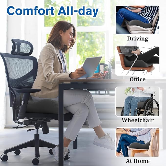 TranquilRelax Seat Cushion Office Chair Cushion for Back & Tailbone & Sciatica Pain Relief, Grey Memory Foam Desk Chair Pressure Relief Seat Cushion for Long Sitting Car Drivers, Office Worker