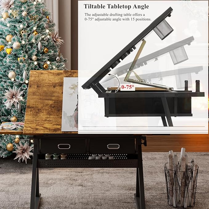 Drafting Table, Height Adjustable Drawing Table Art Table with Stool, 0-75° Tilted Tabletop Artist Desk Painting Table with Storage for Home Office School, Type 4-Rustic