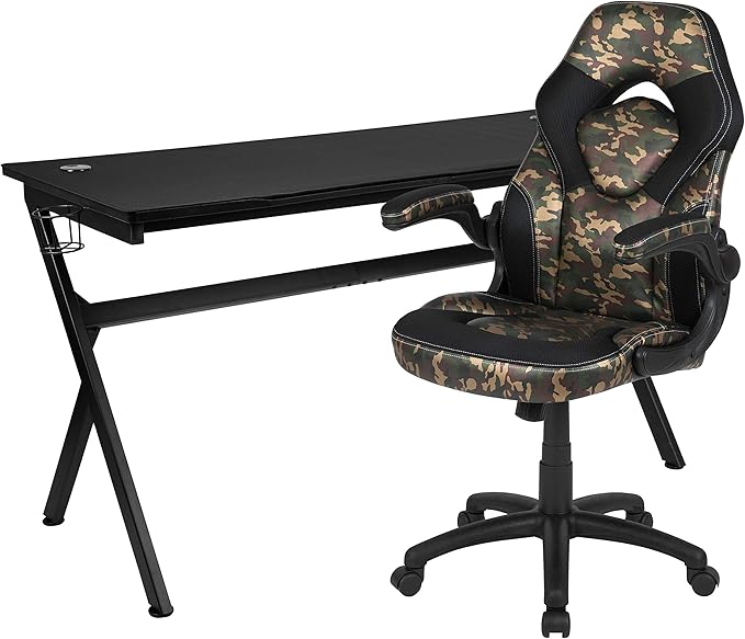 Flash Furniture Gaming Desk and Camouflage/Black Racing Chair Set /Cup Holder/Headphone Hook/Removable Mouse Pad Top - 2 Wire Management Holes
