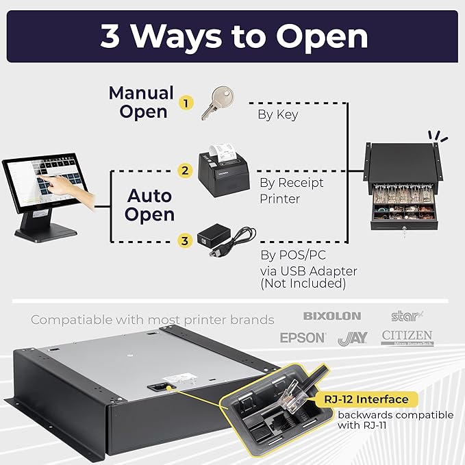 Volcora Cash Register Drawer with Under Counter Mounting Bracket - 16" Black Drawer for POS, 5 Bill 8 Coin Compartment, Fully Removable 2 Tier Cash Tray, 12-24V RJ11/RJ12 Key-Lock, Double Media Slot