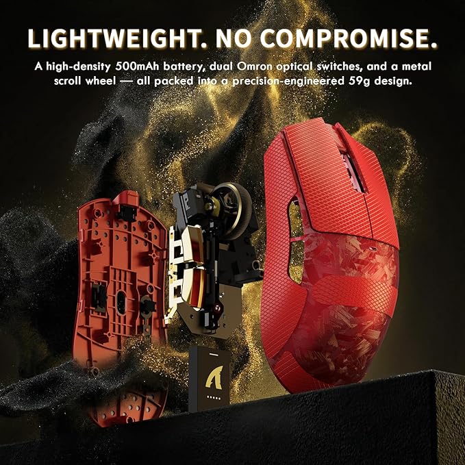 ATTACK SHARK X11 Ultra Carbon Fiber Wireless Esports Gaming Mouse,8k Polling,PAW3950MAX Sensor,63g Ultra-Ligh Ergonomic Gaming Mice,2.4Ghz/BT/Wired,with RGB Coiled Cable -Metallic Red&Griptape